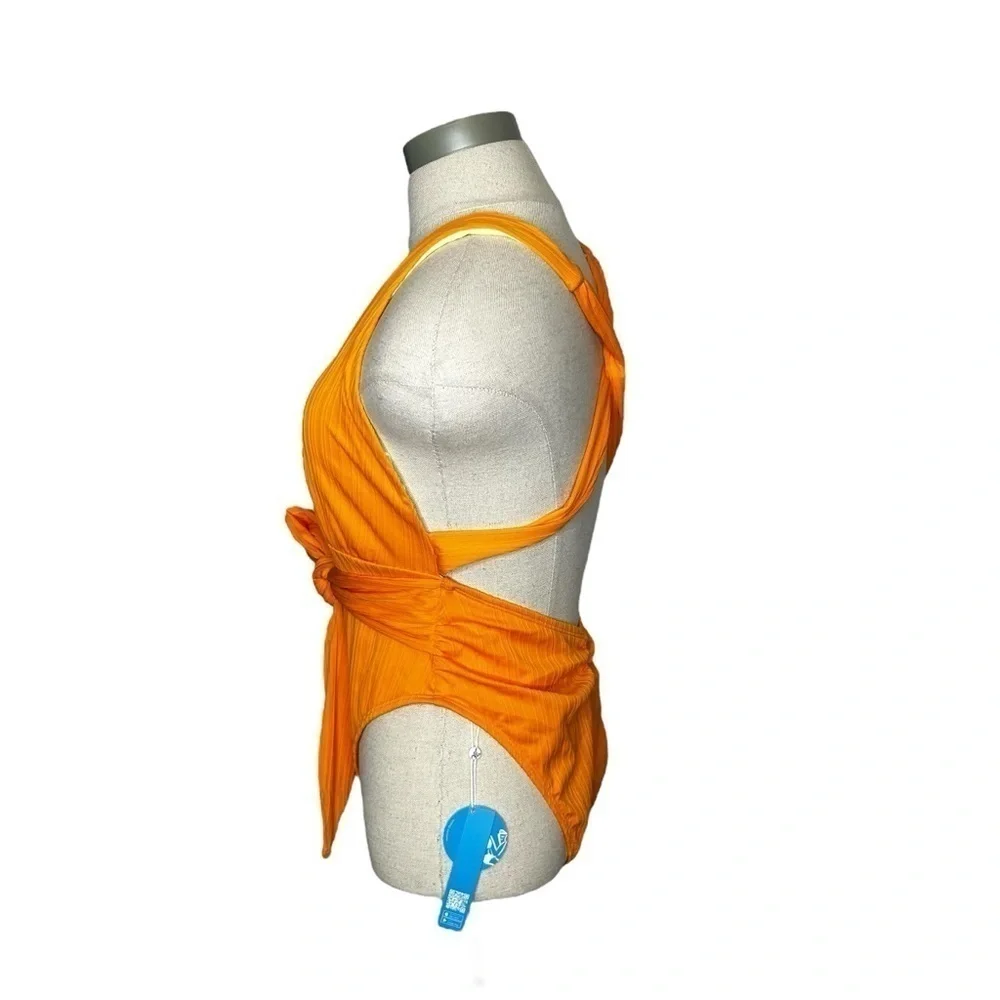 Cupshe Orange Retro Rib Surplice Sash Texture Belt One Piece Swimsuit Sz Medium